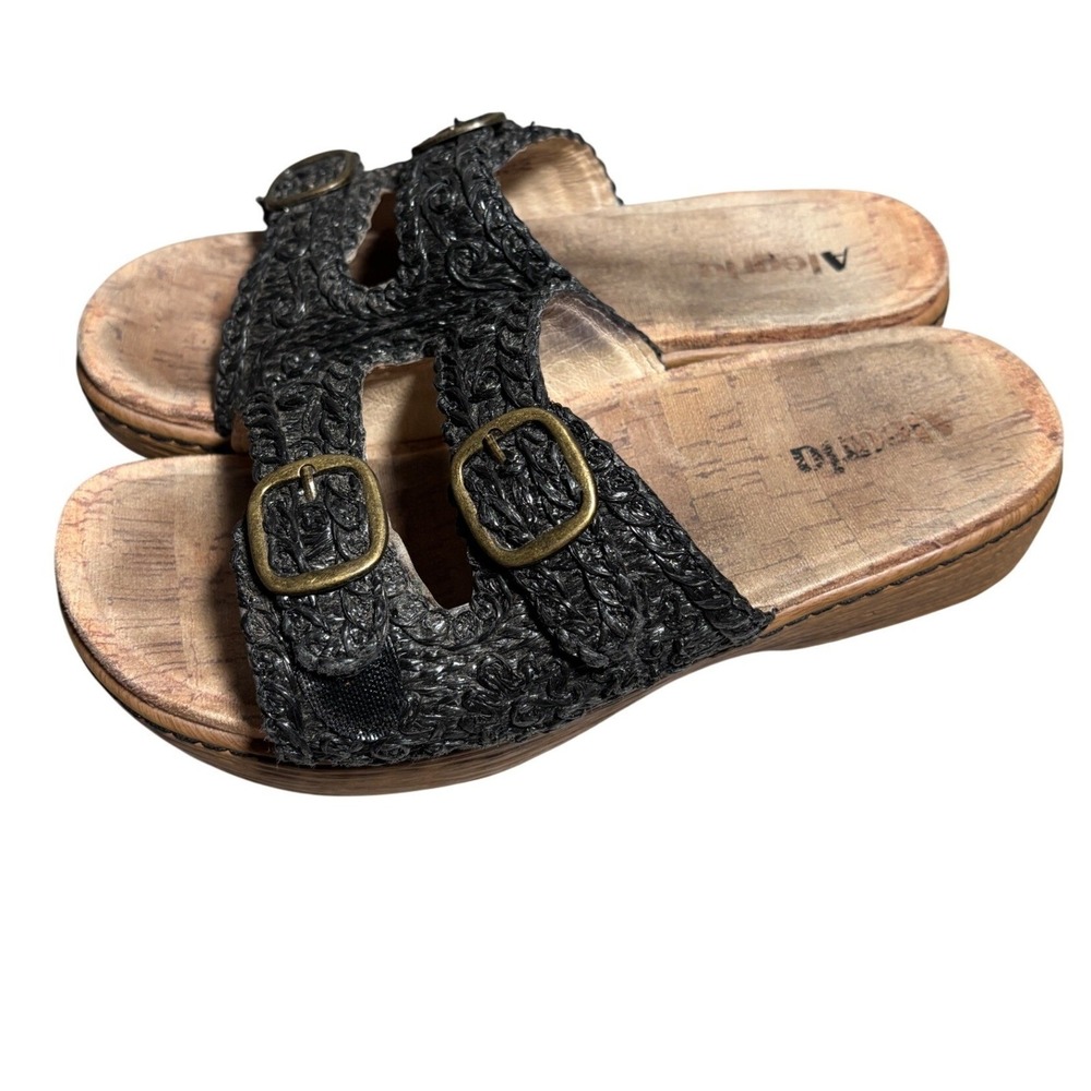 Alegria 7.5 Black Woven Floral Embroidered Buckle Slide Sandals Festival Boho